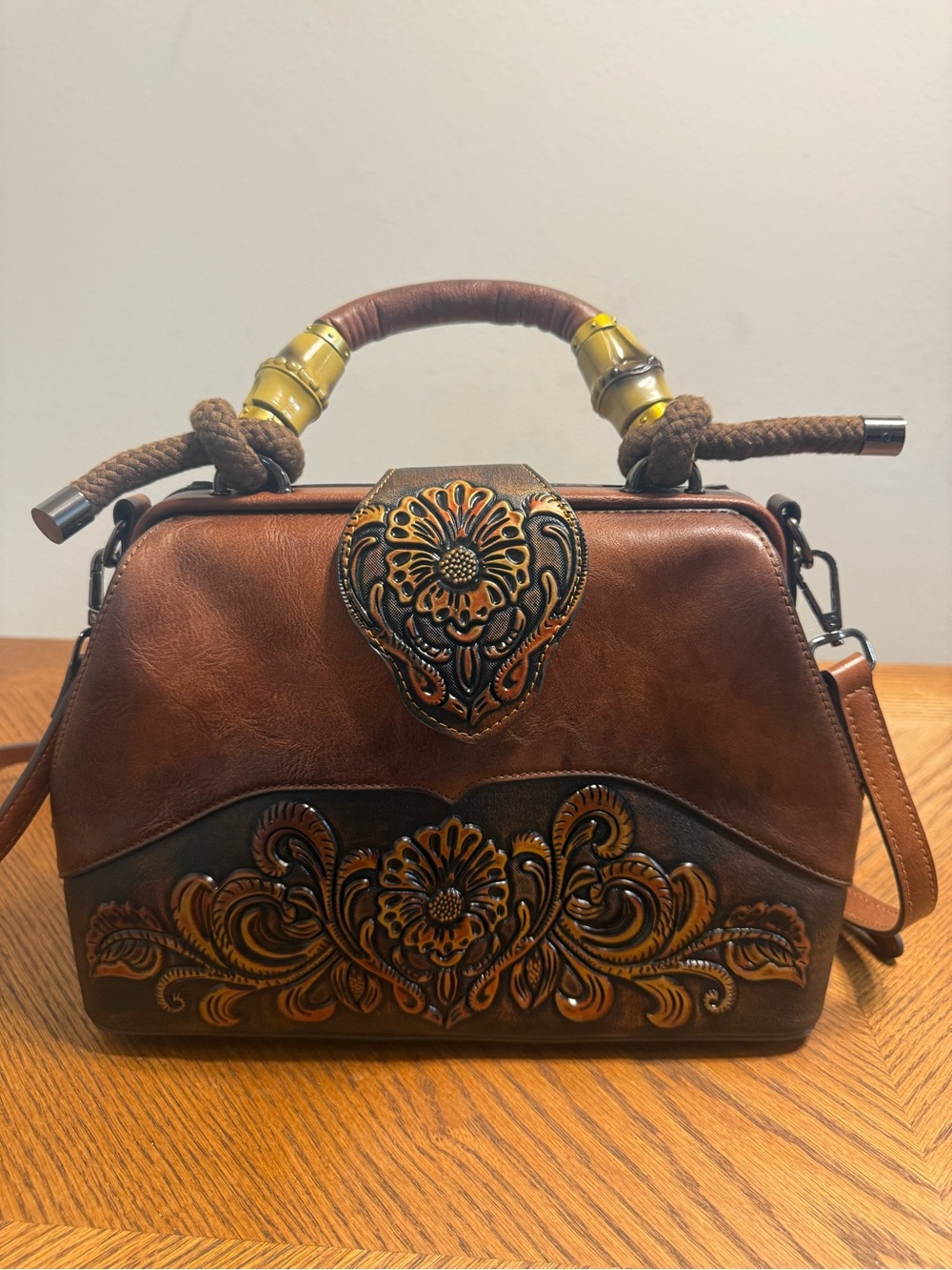 Brown Western Floral Tooled Satchel Bag Boho Crossbody Purse